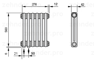 Схема (чертеж) Радиатор Zehnder Charleston 2056/6 №3370 Белый глянцевый RAL 9016